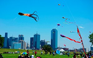 Kites flying at the Trinity River Wind Festival at Trammell Crow Park.
